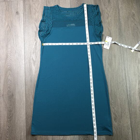 NWT Michael Kors Eyelet Mesh Top Flutter Mini Sheath Dress Dark Cyan Medium - Picture 7 of 7